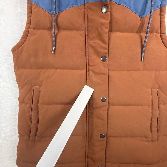 Patagonia Womens Bivvy Down Vest Hooded Puffer Brown‎ Blue Snap Front Sz S READ - Picture 6 of 15